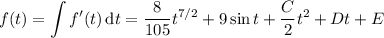 f(t)=\displaystyle\int f'(t)\,\mathrm dt=\frac8{105} t^{7/2}+9\sin t+\frac C2 t^2+Dt+E