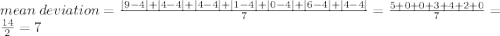 mean \: deviation =  \frac{ |9 - 4| +  |4 - 4|  +  |4 - 4|   +  |1 - 4| +  |0 - 4| +  |6 - 4|   + |4 - 4| }{7}  =  \frac{5  + 0 + 0 + 3 + 4 + 2 + 0}{7}  =  \frac{14}{2}  = 7