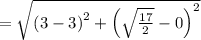 =\sqrt{\left(3-3\right)^2+\left(\sqrt{\frac{17}{2}}-0\right)^2}