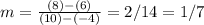 m=\frac{(8)-(6)}{(10)-(-4)} =2/14=1/7