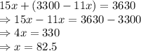 15x+(3300-11x) = 3630\\\Rightarrow 15x-11x=3630-3300\\\Rightarrow 4x = 330\\\Rightarrow   x = 82.5