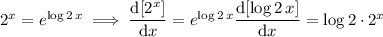 2^x=e^{\log2\,x}\implies\dfrac{\mathrm d[2^x]}{\mathrm dx}=e^{\log2\,x}\dfrac{\mathrm d[\log2\,x]}{\mathrm dx}=\log2\cdot2^x