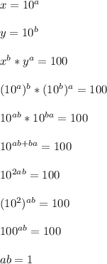 x=10^{a}\\\\y=10^b\\\\x^b*y^a=100\\\\(10^a)^b*(10^b)^a=100\\\\10^{ab}*10^{ba}=100\\\\10^{ab+ba}=100\\\\10^{2ab}=100\\\\(10^2)^{ab}=100\\\\100^{ab}=100\\\\ab=1
