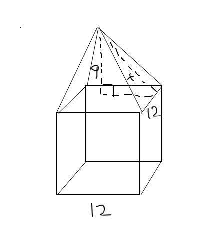 A cube and a square pyramid were joined to form the composite solid. A cube with side lengths of 12