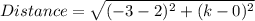 Distance = \sqrt{(-3 - 2)^2 + (k - 0)^2}