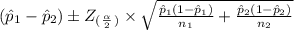 (\hat p_1-\hat p_2) \pm Z_(_\frac{\alpha}{2}_) \times \sqrt{\frac{\hat p_1(1-\hat p_1)}{n_1}+\frac{\hat p_2(1-\hat p_2)}{n_2} }
