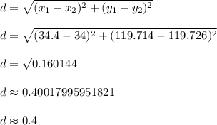 d = \sqrt{ (x_1-x_2)^2 + (y_1-y_2)^2}\\\\d = \sqrt{ (34.4-34)^2 + (119.714-119.726)^2}\\\\d = \sqrt{0.160144 }\\\\d \approx 0.40017995951821\\\\d \approx 0.4\\\\