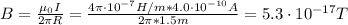 B = \frac{\mu_{0}I}{2\pi R} = \frac{4\pi \cdot 10^{-7} H/m*4.0 \cdot 10^{-10} A}{2\pi*1.5 m} = 5.3 \cdot 10^{-17} T