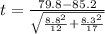 t =  \frac{ 79.8 -  85.2  }{ \sqrt{ \frac{8.8^2 }{12}  +\frac{ 8.3^2 }{17}  }   }