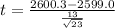 t =  \frac{ 2600.3   -   2599.0 }{ \frac{13}{ \sqrt{ 23} } }
