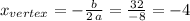 x_{vertex}=-\frac{b}{2\,a}=\frac{32}{-8} =-4