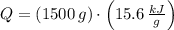 Q =(1500\,g)\cdot \left(15.6\,\frac{kJ}{g} \right)