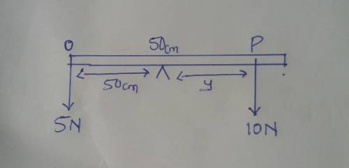 Two forces 5N and 10N are acting at O and P respectively on a uniform rod of length 100 cm suspe