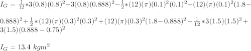 I_G=\frac{1}{12}*3(0.8)(0.8)^2+ 3(0.8)(0.888)^2-\frac{1}{2}*(12)(\pi)(0.1)^2(0.1)^2 -(12)(\pi)(0.1)^2(1.8-\\0.888)^2+\frac{1}{2}*(12)(\pi)(0.3)^2(0.3)^2 +(12)(\pi)(0.3)^2(1.8-0.888)^2+\frac{1}{12}*3(1.5)(1.5)^2+\\3(1.5)(0.888-0.75)^2\\\\I_G=13.4\ kgm^2