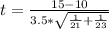 t =  \frac{ 15 -10 }{ 3.5 * \sqrt{\frac{1}{ 21 } + \frac{1}{23} } }