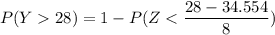 P(Y 28) = 1 - P( Z < \dfrac{28 - 34.554}{8})