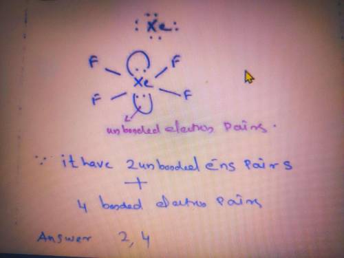 The central Xe atom in the XeF4 molecule has  unbonded electron pair(s) and  bonded electron pair(s)