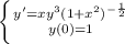 \left \{ {{y' =  xy^3 (1 + x^2)^{-\frac{1}{2} }} \atop {y(0) =  1}} \right.