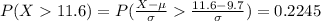 P(X   11.6) =  P(\frac{ X - \mu }{ \sigma }   \frac{11.6 - 9.7}{ \sigma } )  = 0.2245