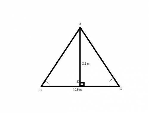 A gable roof (isosceles triangle-shaped) has a vertical height of 2.1 metres and the ceiling is 10.9