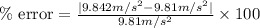 \%\text{ error}=\frac{|9.842 m/s^2- 9.81m/s^2|}{9.81m/s^2}\times 100