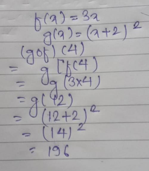 8. Let f(x) = 3x and g(x) = (x + 2)^2. Find the value of (g o f)(4).*

A.54
B.108
C.196
D.432