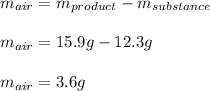 m_{air}=m_{product}-m_{substance}\\\\m_{air}=15.9g-12.3g\\\\m_{air}=3.6g