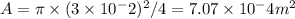 A = \pi \times (3\times 10^-2)^2  /4 = 7.07 \times 10 ^-4 m^2