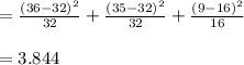 =\frac{(36-32)^{2}}{32}+\frac{(35-32)^{2}}{32}+\frac{(9-16)^{2}}{16}\\\\=3.844