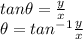 tan \theta = \frac{y}{x}\\ \theta = tan^{-1}\frac{y}{x}