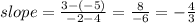 slope=\frac{3-(-5)}{-2-4}=\frac{8}{-6} =-\frac{4}{3}