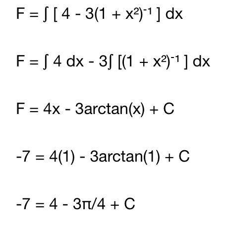 (1 point) Find the antiderivative F of f(x)=4−3(1+x2)−1 that satisfies F(1)=−3.