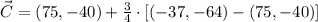 \vec C = (75,-40) + \frac{3}{4}\cdot [(-37,-64)-(75,-40)]