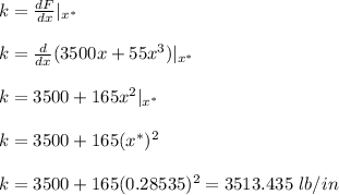 k=\frac{dF}{dx}|_{x^*}\\ \\k=\frac{d}{dx}(3500x+55x^3)|_{x^*}\\\\k=3500+165x^2|_{x^*}\\\\k=3500+165(x^*)^2\\\\k=3500+165(0.28535)^2=3513.435\ lb/in