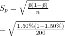 S_p = \sqrt{\frac{\bar p (1 - \bar p)}{n} } \\\\= \sqrt{\frac{1.50\% (1 - 1.50\%)}{200} }