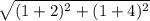 \sqrt{(1+2)^2+(1+4)^2}