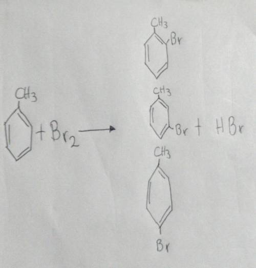 Monobromination of toluene gives a mixture of three bromotoluene products. Draw and name them.