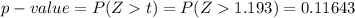 p-value =  P(Z   t) = P(Z  1.193 ) =  0.11643
