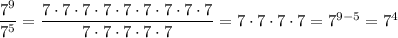 \dfrac{7^9}{7^5}=\dfrac{7\cdot7\cdot7\cdot7\cdot7\cdot7\cdot7\cdot7\cdot7}{7\cdot7\cdot7\cdot7\cdot7}=7\cdot7\cdot7\cdot7=7^{9-5}=7^4