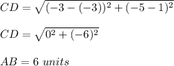 CD=\sqrt{(-3-(-3))^2+(-5-1)^2}\\\\CD=\sqrt{0^2+(-6)^2}\\\\AB=6\ units
