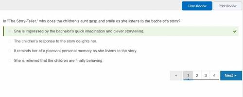 In The Story-Teller, why does the children's aunt gasp and smile as she listens to the bachelor's