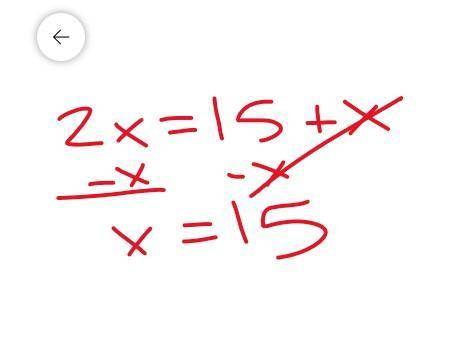 Solve for x. 2x = 15 + x a) x = -15 b) x = 15 c) x = -15/2 d) x = 15/2