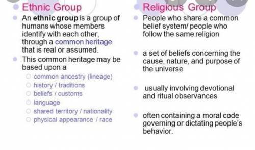 What is the difference between an ethnic group and a religious group? Provide an example of each gro
