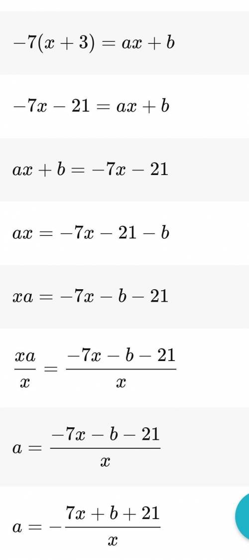 PLEASE HELP What are the values of a and b? -7(x+3)=ax+b