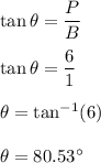 \tan\theta=\dfrac{P}{B}\\\\\tan\theta=\dfrac{6}{1}\\\\\theta=\tan^{-1}(6)\\\\\theta=80.53^{\circ}