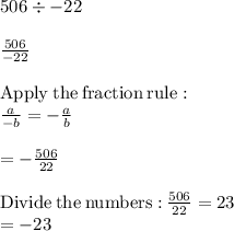 506 \div-22\\\\\frac{506}{-22}\\\\\mathrm{Apply\:the\:fraction\:rule}:\\\quad \frac{a}{-b}=-\frac{a}{b}\\\\=-\frac{506}{22}\\\\\mathrm{Divide\:the\:numbers:}\:\frac{506}{22}=23\\= -23