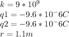 k=9*10^9\\q1=-9.6 *10^-6 C\\q2= -9.6*10^-6 C\\r= 1.1m