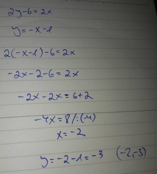 Determine the number of solutions the system has. 2x = 2y -6 y = -x-1