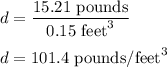 d=\dfrac{15.21\ \text{pounds}}{0.15\ \text{feet}^3}\\\\d=101.4\ \text{pounds}/\text{feet}^3
