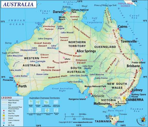 Which feature is represented on this map of Australia

1. Ayers Rock
2. MacDonell Ranges
3. great di